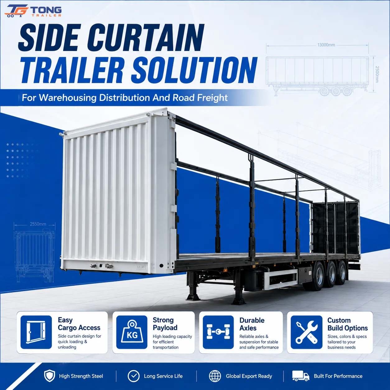 3 Axle Curtain Side Semi Trailer for 60T-150T Payload gallery 2